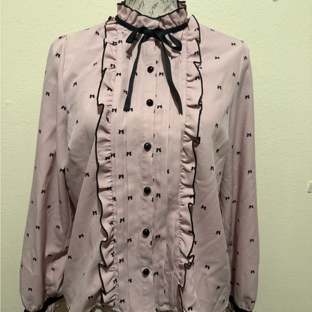 Pink Puff Sleeve Blouse with Ruffled Mandarin Collar